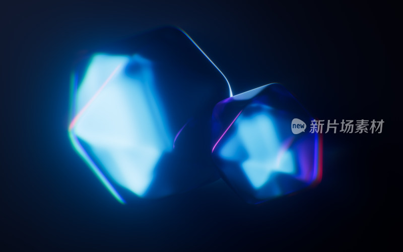 抽象玻璃几何体与霓虹灯光3D渲染