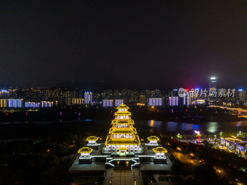 宝鸡夜景灯光中华石鼓园航拍图