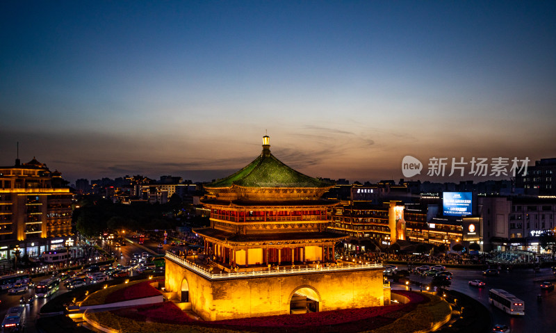 陕西西安钟楼黄昏晚霞夜景