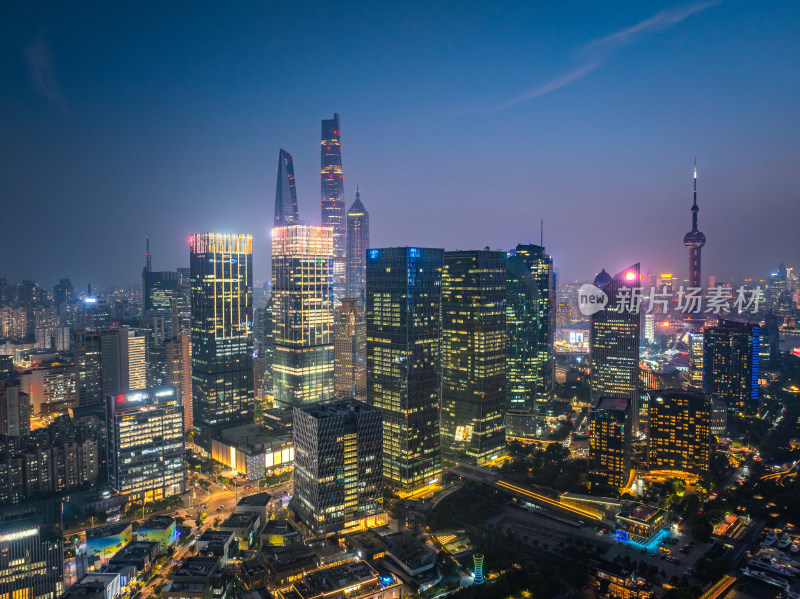 航拍上海陆家嘴高金融中心密集高楼群夜景