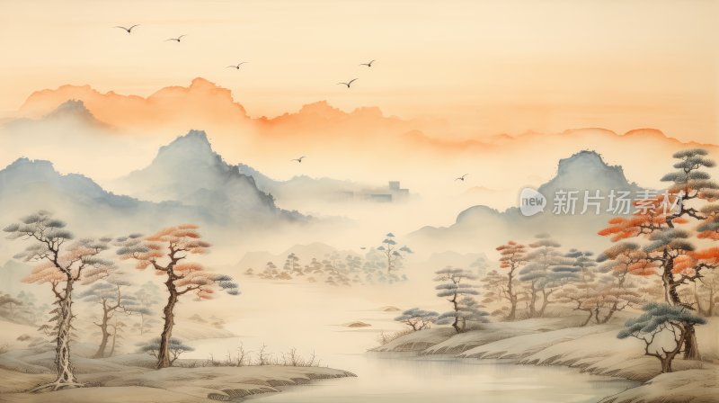 中国风工笔画山水画