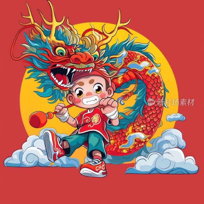 国潮插图，舞龙的小男孩