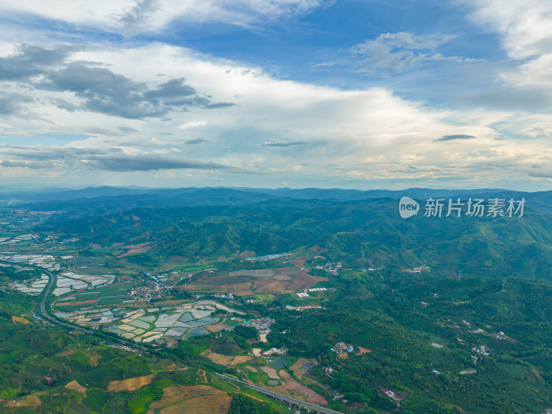 航拍天空高山农田田园村寨风光