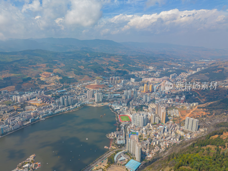 航拍云南红河州个旧市城市风光