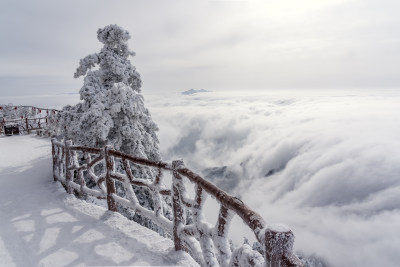 寒冷冬季景区雪后栈道