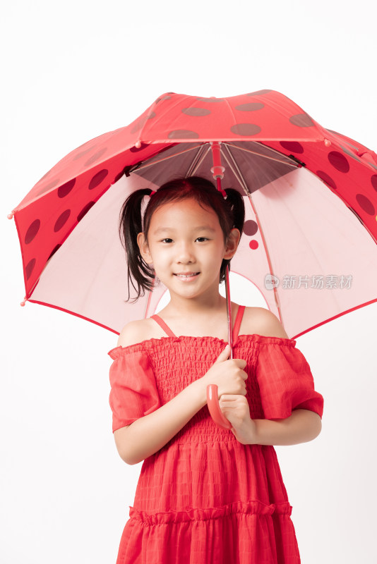 站在白色背景前撑开雨伞的女孩形象