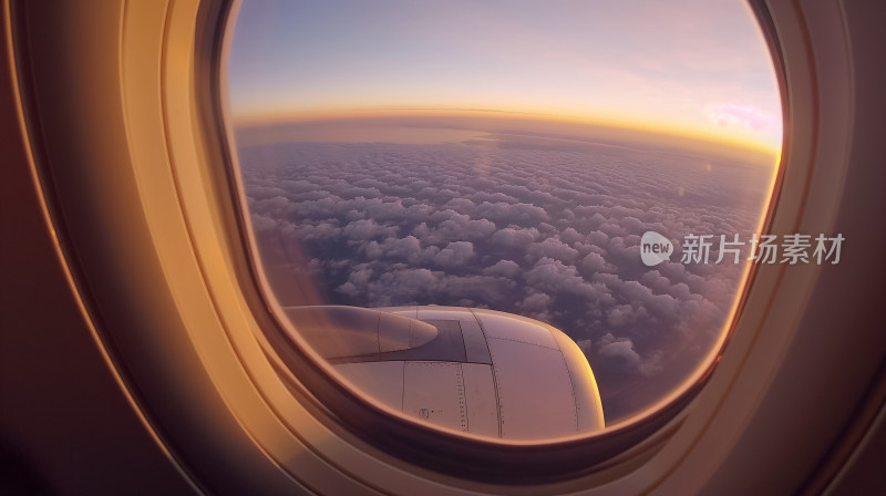 从飞机舷窗拍摄的壮阔云海和远处的日落景致
