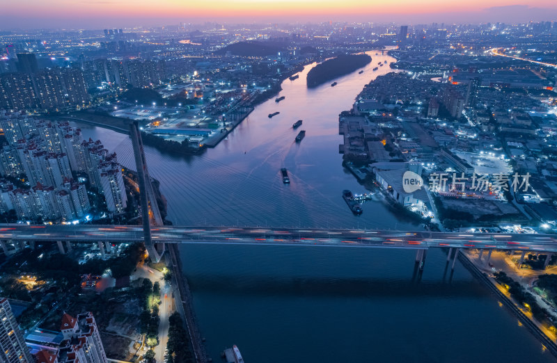 广州东沙桥与珠江城市建筑繁华夜景航拍全景