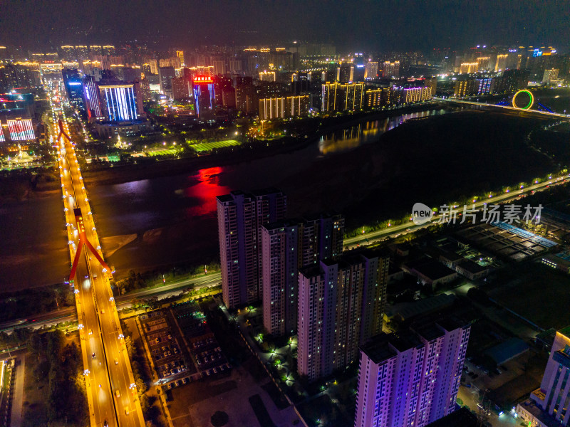 陕西宝鸡城市夜景灯光航拍图