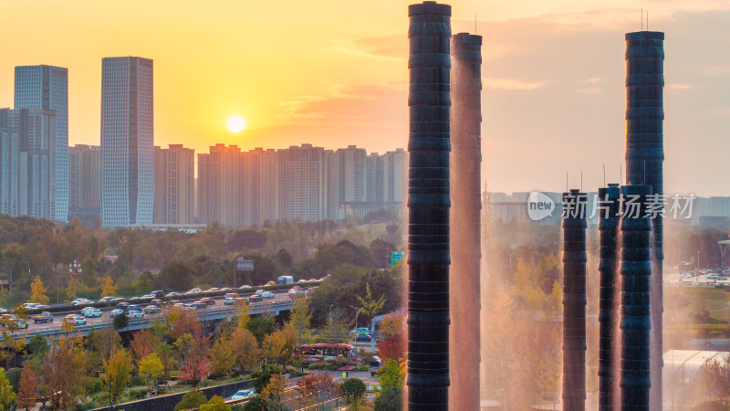 成都地标SKP商场生机之塔与高新区落日