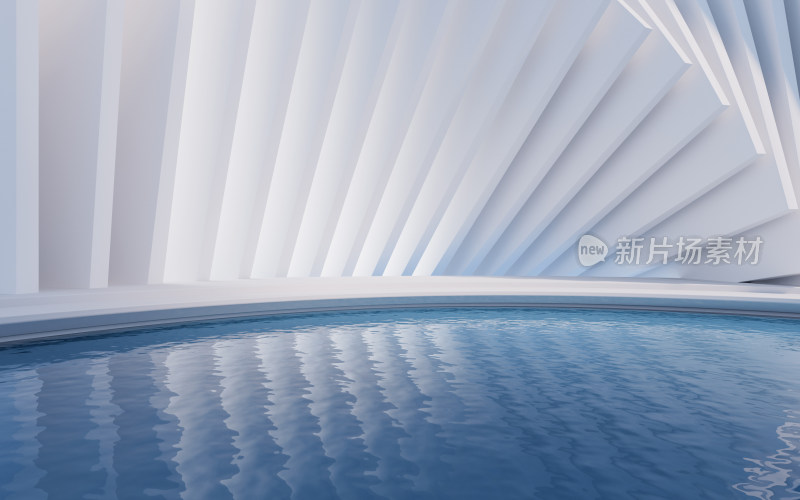 白色几何体建筑和水面空间3D渲染