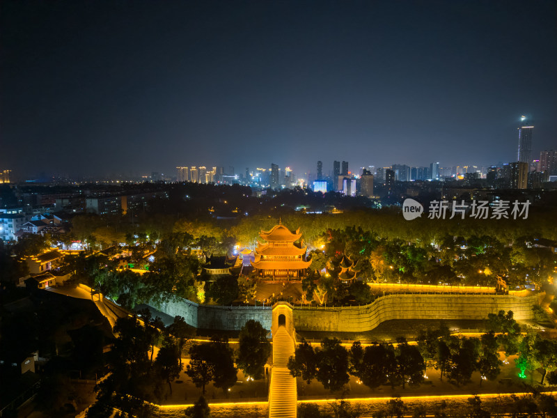 湖南岳阳楼景区岳阳楼夜景航拍