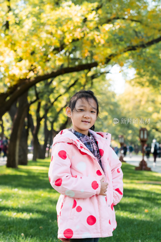 秋天站在公园草坪上的中国女孩