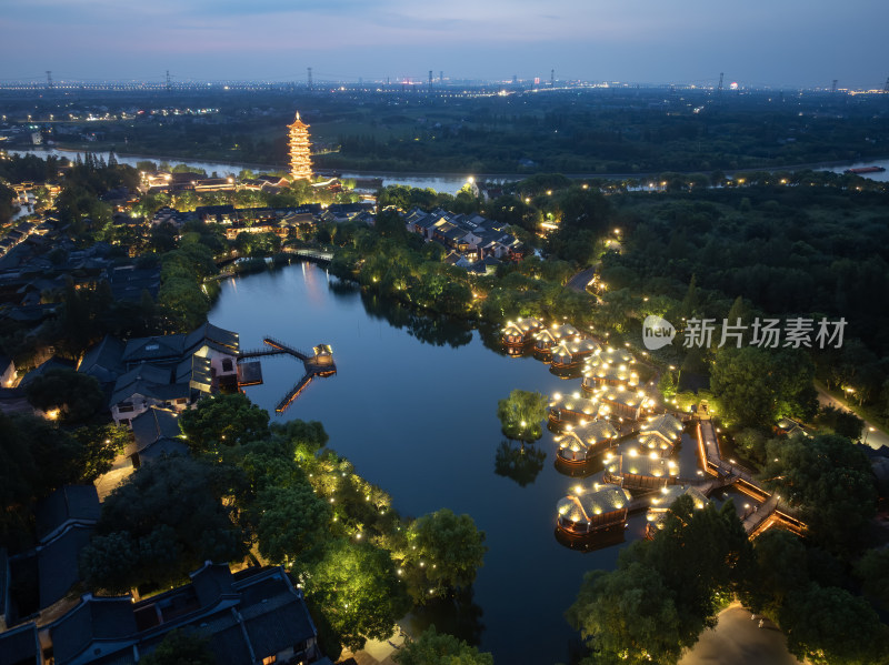 浙江嘉兴桐乡乌镇西栅景区江南水乡航拍夜景
