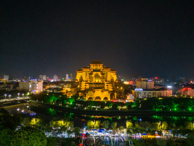 广西玉林城市夜景灯光云天文化城航拍图