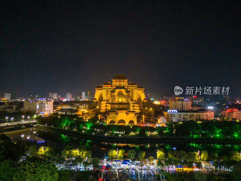 广西玉林城市夜景灯光云天文化城航拍图