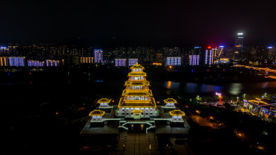 宝鸡中华石鼓园夜景航拍图