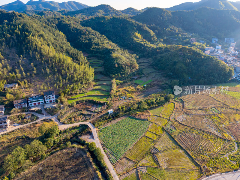 航拍大山乡村公路农田