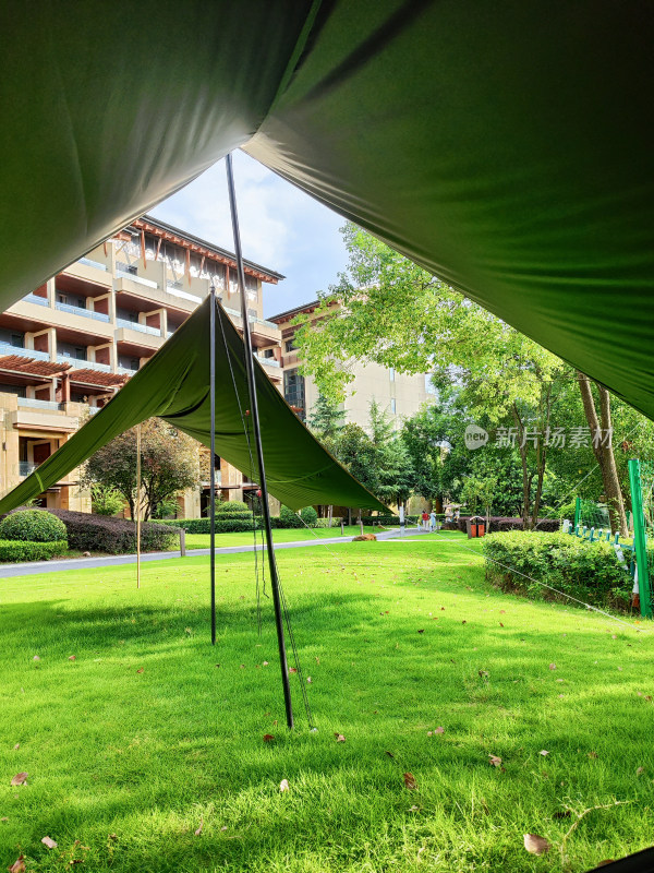 草地上搭建帐篷的户外场景