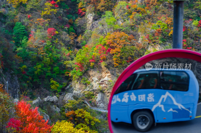 河南洛阳白云山风景区秋季，山路上的转弯镜