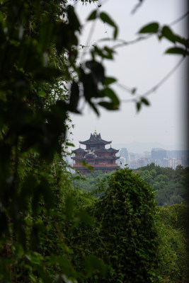 杭州城隍阁中式古建筑与城市景观远眺