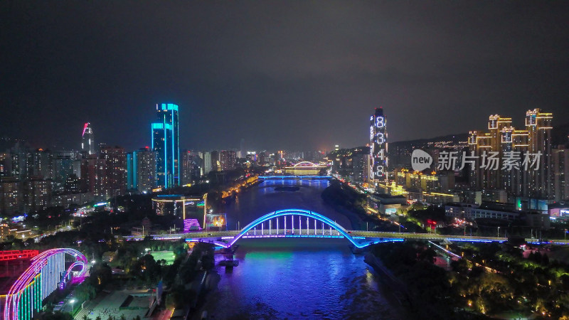 甘肃兰州金雁黄河大桥夜景航拍