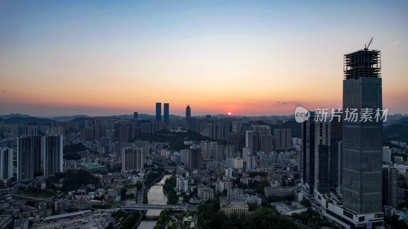 贵阳晚霞夜幕降临航拍