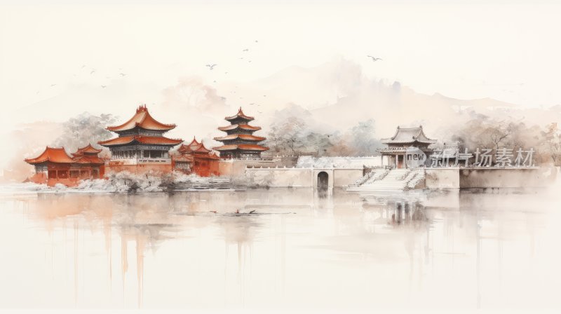 中国传统水墨画，北京紫禁城