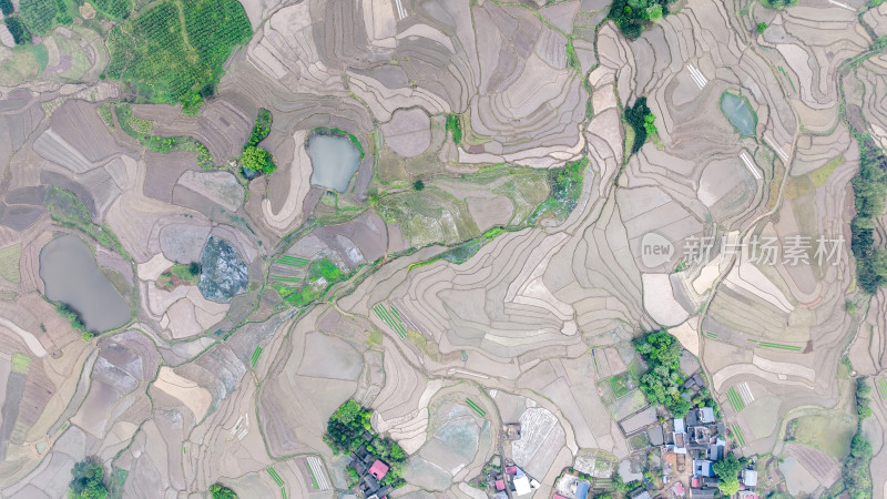 俯瞰春天桂林全州蓄满水的洼地水稻梯田