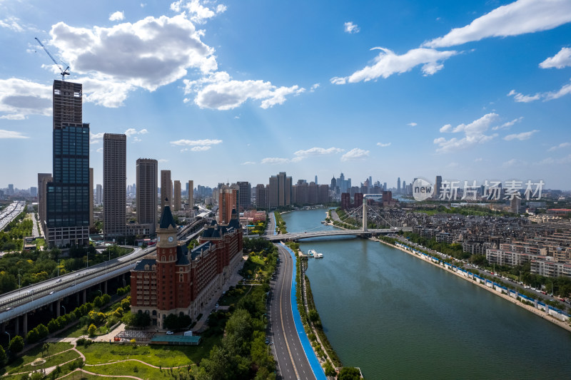 晴天天津海河富民桥桥城市建筑风光航拍