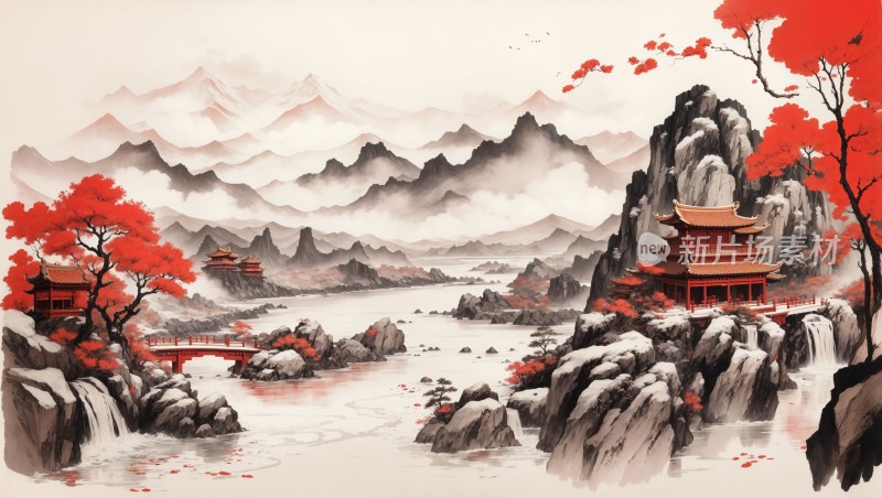 中国风国潮山水水墨画背景
