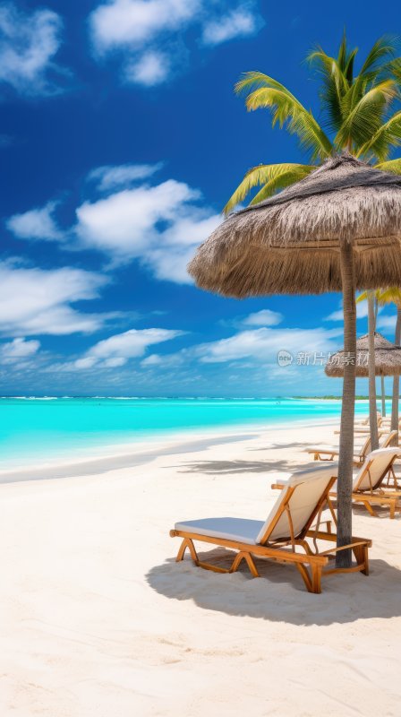 沙滩上的休闲躺椅和遮阳伞