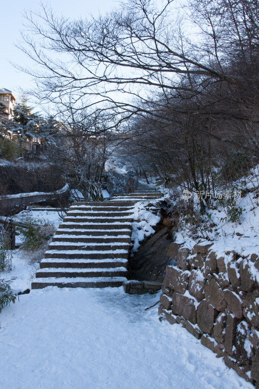 安徽黄山冬天覆盖着雪台阶