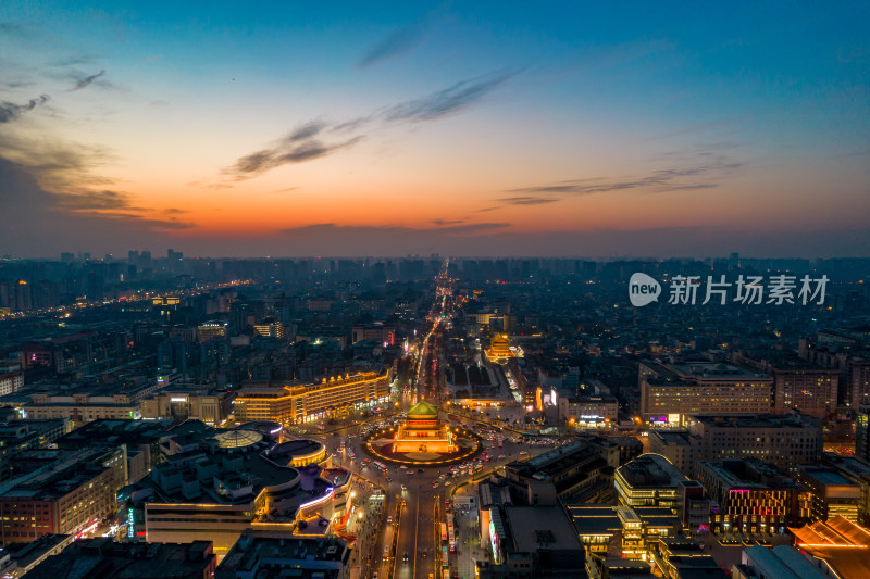 西安晚霞夜幕降临夜景灯光航拍摄影图