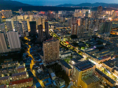 西宁城市夜幕降临夜景航拍图