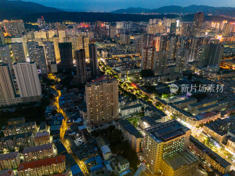 西宁城市夜幕降临夜景航拍图