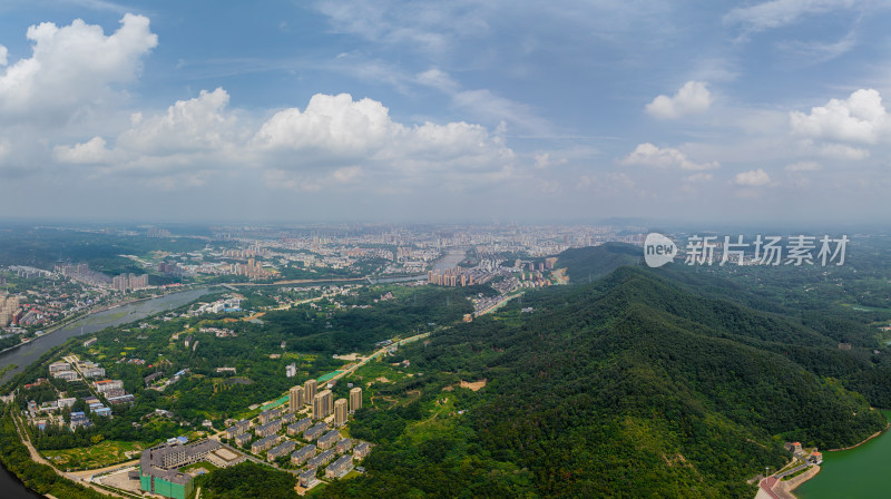 航拍夏季河南信阳城市与大别山自然风光