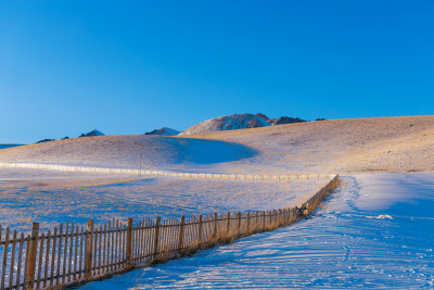 新疆冬季赛里木湖雪景雪山冰湖蓝冰日照金山