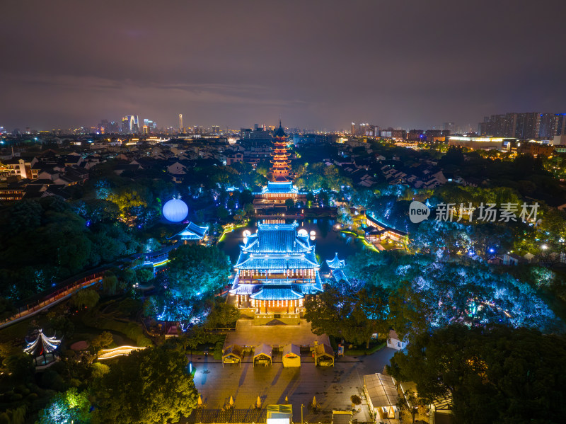 航拍苏州盘门景区中秋灯会夜景