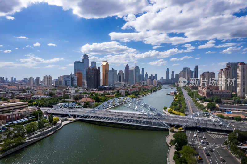 天津海河直沽桥现代建筑城市天际线风光航拍