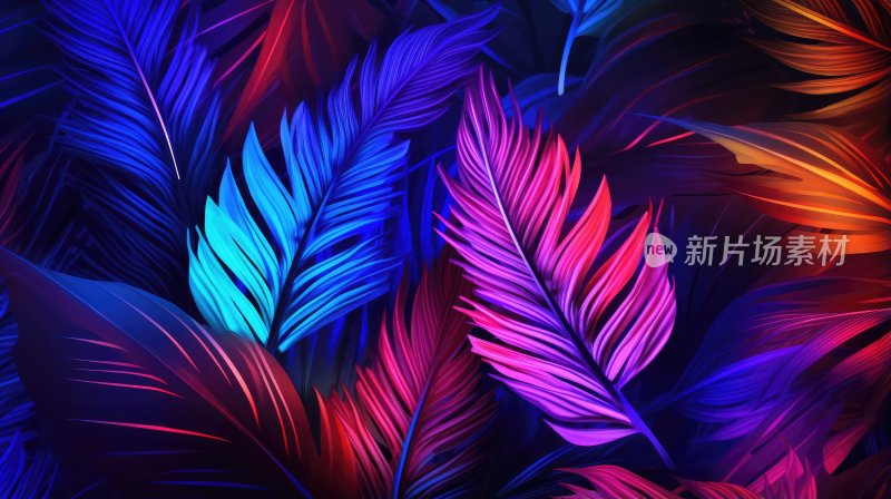 霓虹色彩的热带树叶与霓虹灯框架