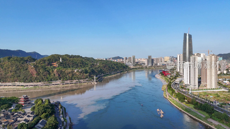 航拍四川宜宾城市风光宜宾三江汇流