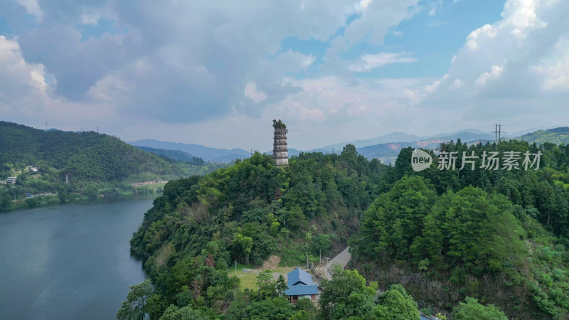 航拍青山绿水山上石塔古建筑