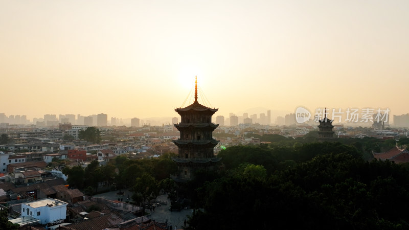 泉州东西塔航拍泉州西街开元寺夕阳日落风景