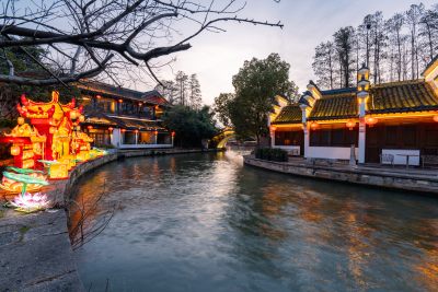 南京白鹭洲秦淮河傍晚夜景