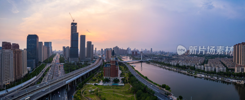 天津海河富民桥城市建筑日落晚霞风光航拍