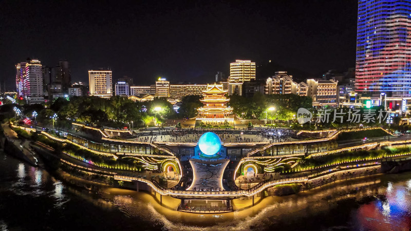 四川宜宾合江楼长江之珠夜景灯光航拍图