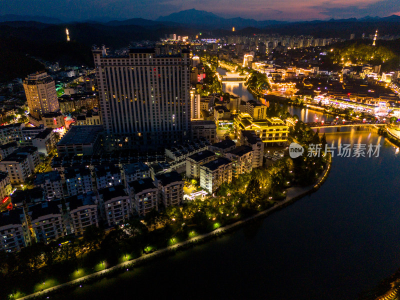 泰宁古城晚霞夜景航拍图