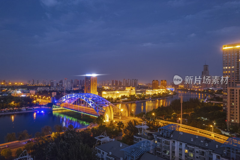 天津海河风景线国泰桥城市建筑日落夜景航拍