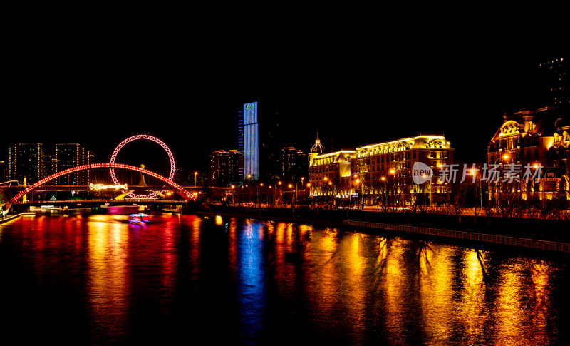 天津海河风情天津之眼摩天轮城市夜景风光